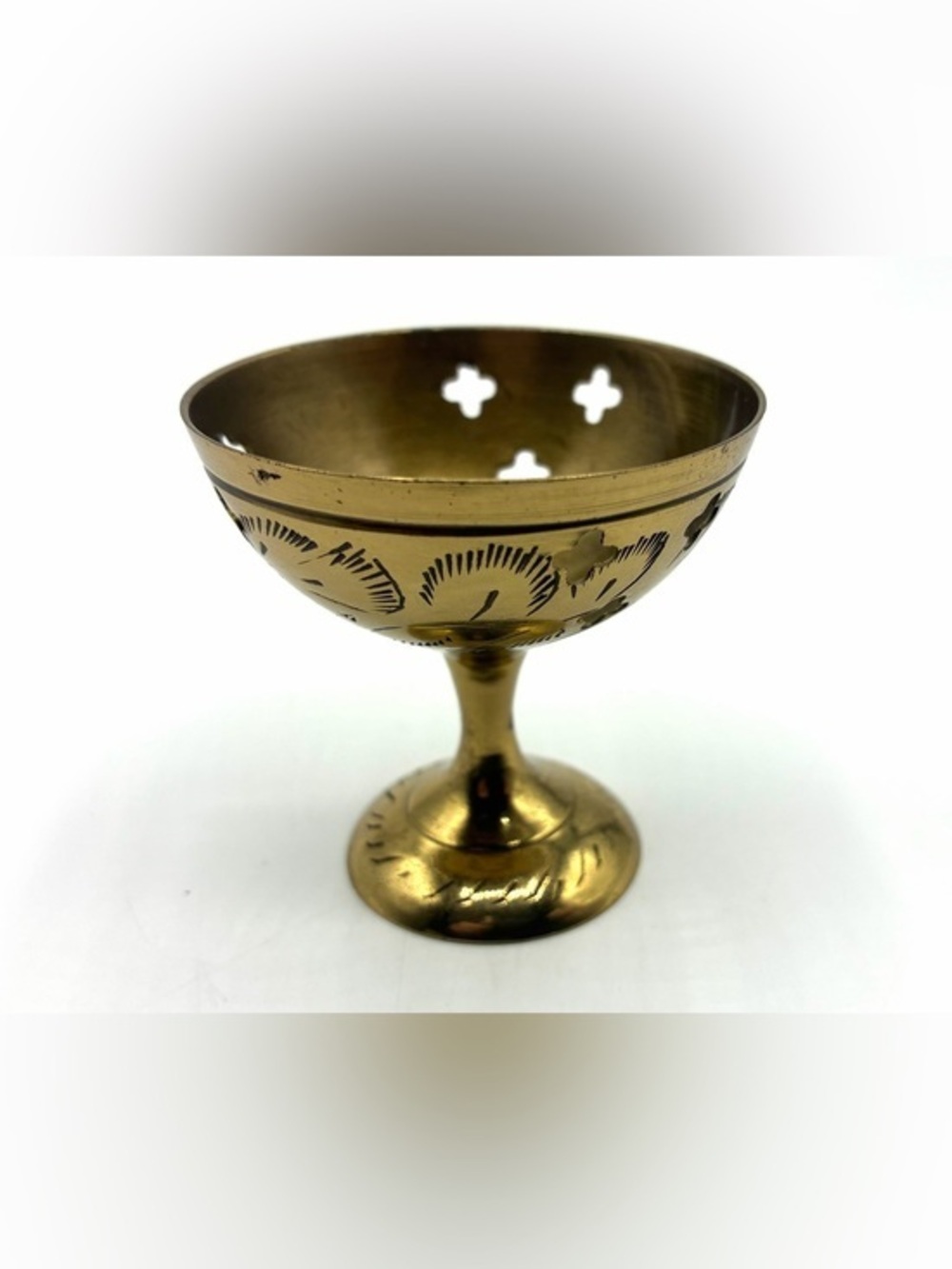 Vintage Miniature Brass Pedestal Cup Chalice Etched Floral India 2.25”